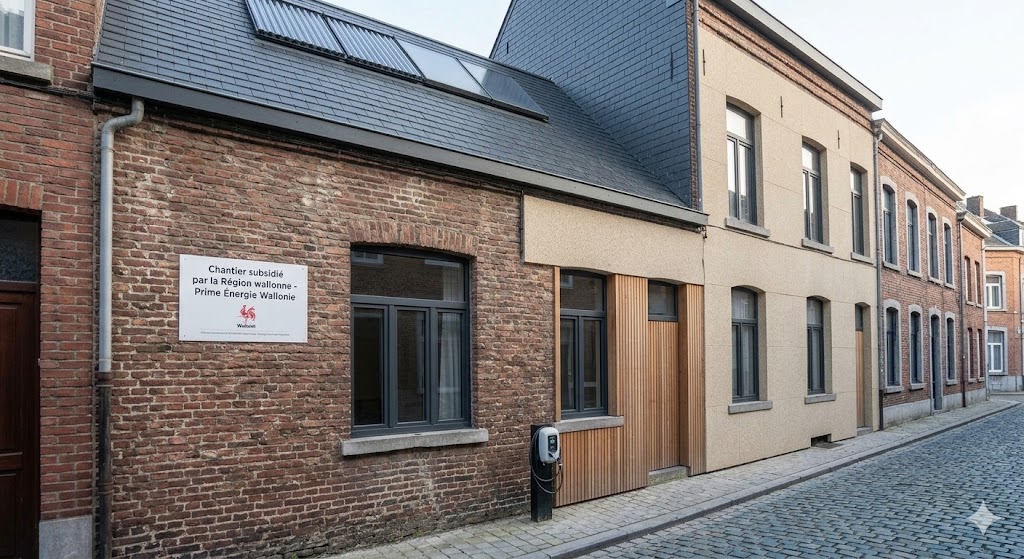 Maison de ville Liège après rénovation — façade isolée crépi et bois, châssis alu anthracite