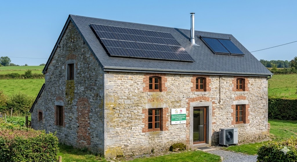 Fermette Condroz après rénovation — toiture neuve, PAC, panneaux solaires, châssis modernes