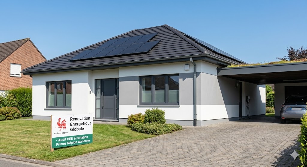 Maison 4 façades Namur après rénovation globale — triple vitrage, isolation extérieure, VMC