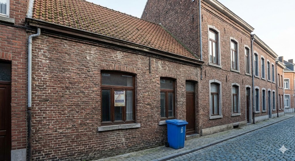 Maison de ville Liège avant rénovation — briques défraîchies, simple vitrage
