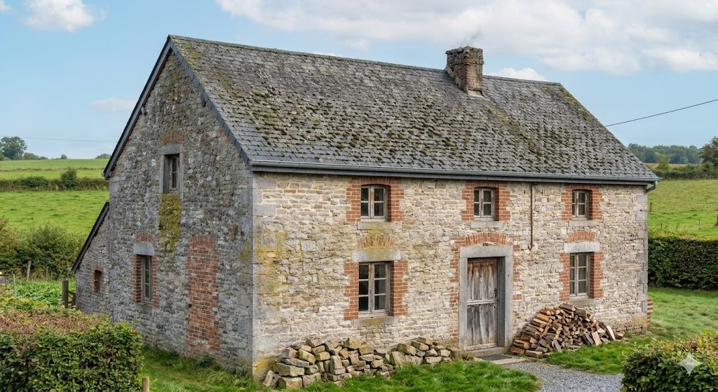 Fermette Condroz avant rénovation — toiture ardoises vieillissantes, fenêtres bois ancien