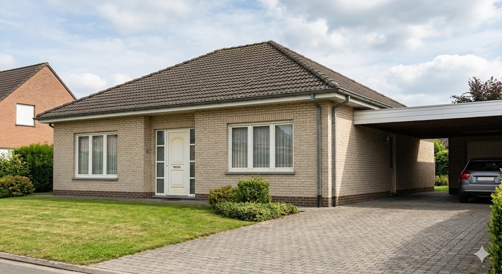 Maison 4 façades Namur avant rénovation — briques claires, châssis PVC vieillissants